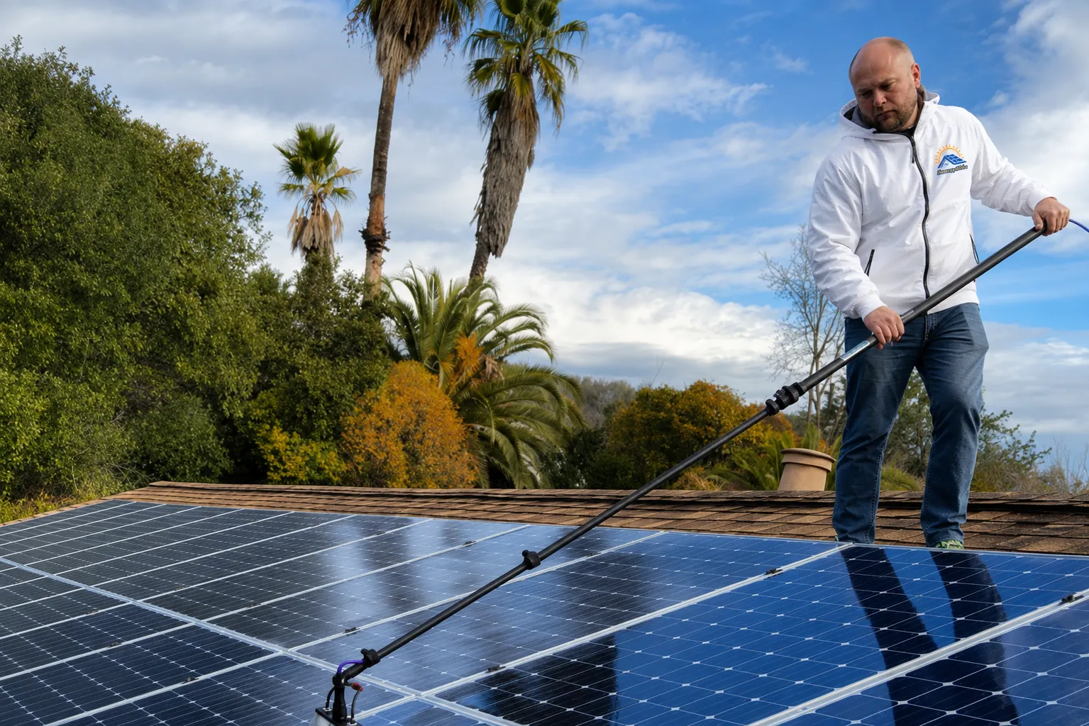 SunnySide technician cleaning rooftop solar panels with a water-fed pole in San Luis Obispo County